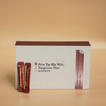 Vertical display of Pu’er tea mix with tangerine peel box surrounded by sachets