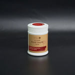 white plastic bottle with brown label of Royal Lingzhi capsule on dark gray background